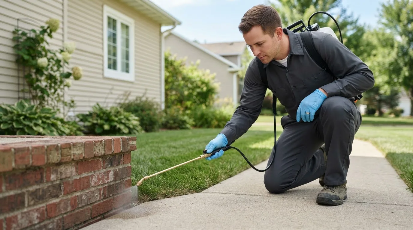 Pest control technician treating a home near Herreid, SD